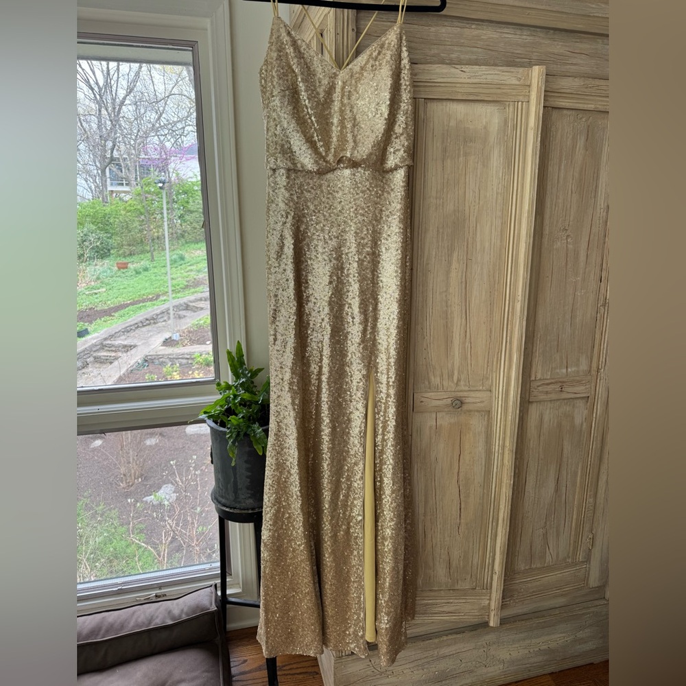 Christina Wu Gold Matte Sequin Gown (style 22836)
